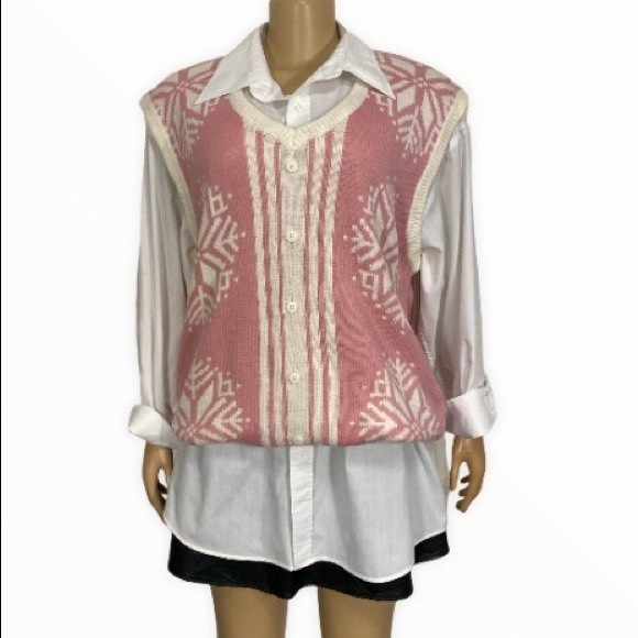 Vintage My Christmas Sweater Pink V Neck Vest Snowflake Print Ivory Size XXL - Picture 1 of 14